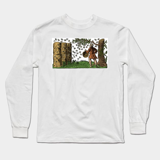 Medieval Apiary, Beekeeper with His Bee Hives, Bees Swarming Long Sleeve T-Shirt by ScienceSource